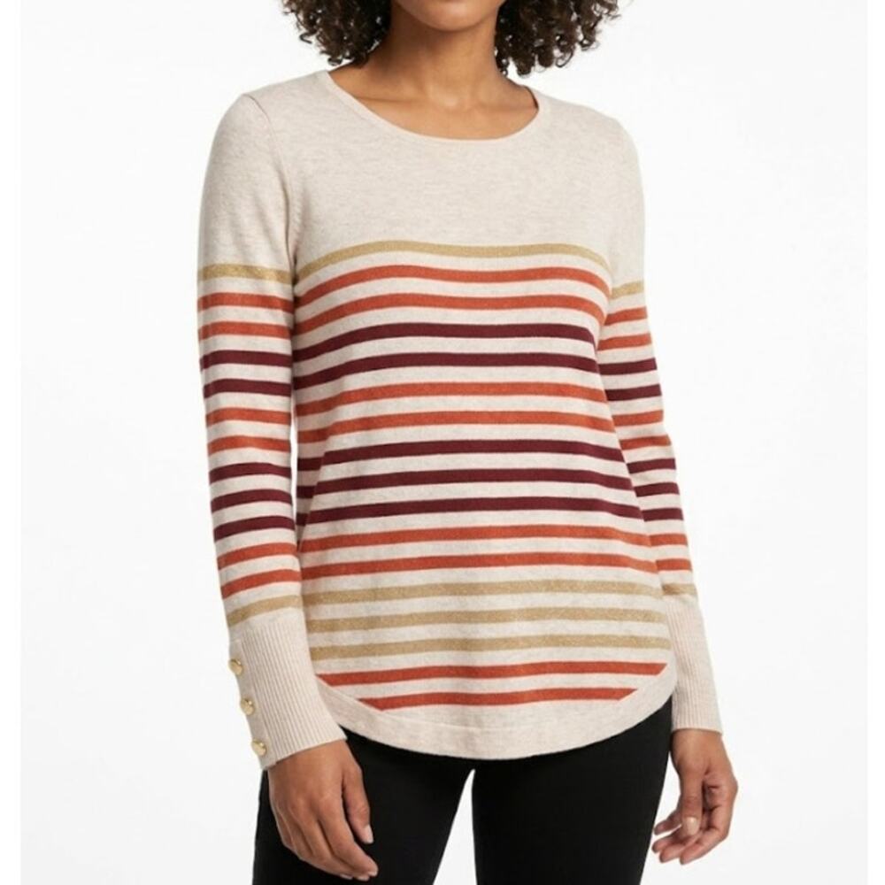 CHICO’s Striped Pullover Sweater Round Neck Regular Fit Beige Multi Womens Sz L